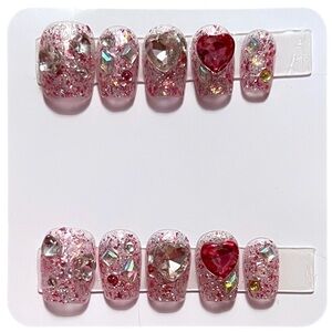 Handmade Pink Glitter Press On Nails with Gemstones Size S